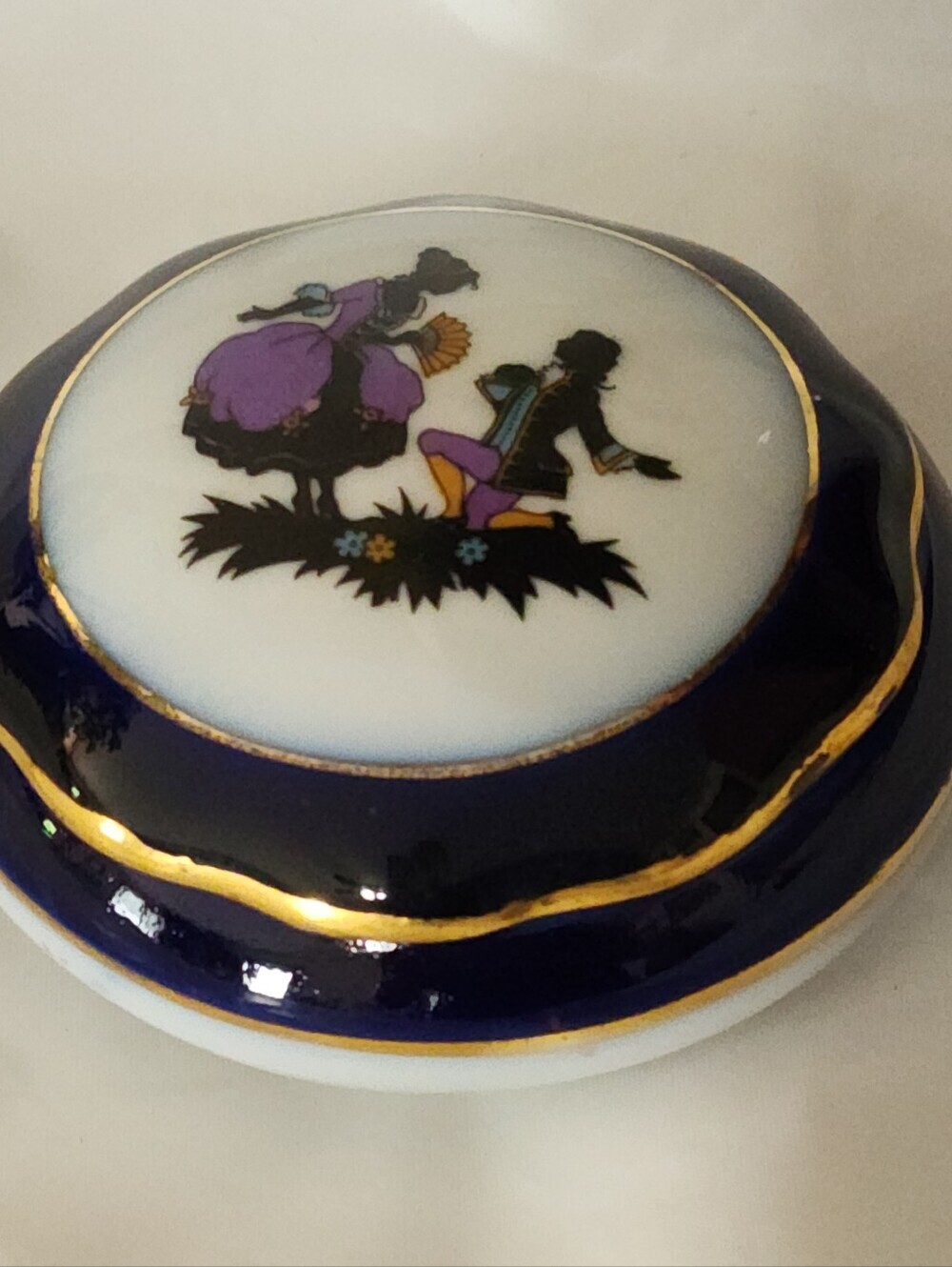 Porcelain Trinket Box With Courting Scene Germany Flow Blue Style Marked